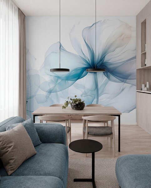 Tapet Flori abstracte albastre cu petale moi, translucide și detalii delicate, pe un fundal alb, Fototapet Acuarelă, w08742 : Uwalls.ro