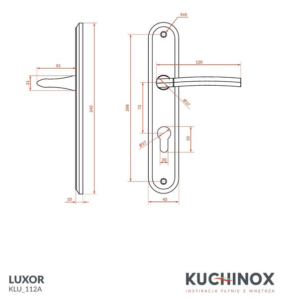 Mâner de ușă Kuchinox Luxor pe montaj lung pentru cilindru, distanță 72 mm, satinat, LAV-KLU_112A