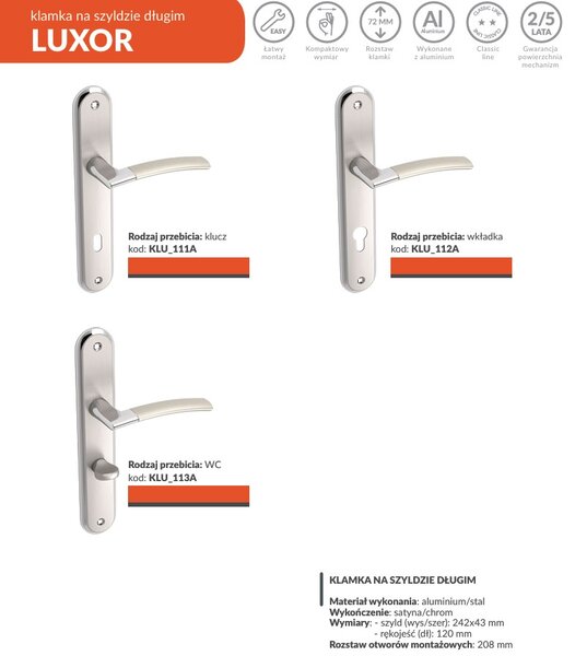 Mâner de ușă Kuchinox Luxor pe montaj lung pentru cilindru, distanță 72 mm, satinat, LAV-KLU_112A