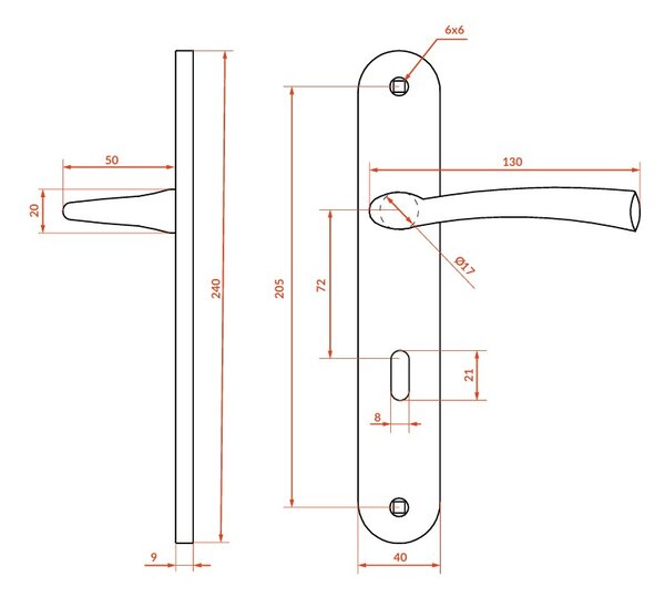 Mâner de ușă Kuchinox Malta pe feronerie lungă pentru cheie interioară, distanță 72 mm, satinat, LAV-KLM_3M1A