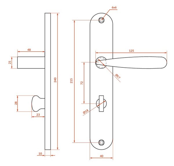 Mâner de ușă Kuchinox Goa pe feronerie lungă pentru încuietoare de toaletă, patină, LAV-KCG_413A