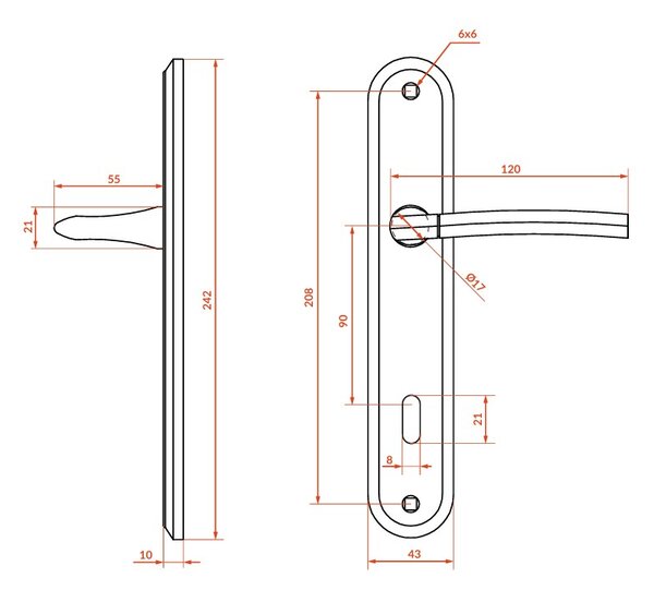 Mâner de ușă Kuchinox Luxor, cu montare lungă pentru cheie interioară, distanță 90 mm, satinat, LAV-KLU_116A