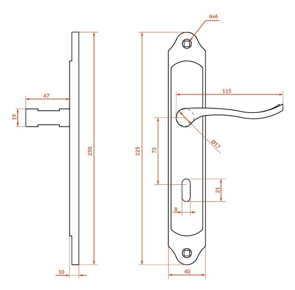 Mâner de ușă Kuchinox Rodos pe feronerie lungă pentru cheie interioară, patină, LAV-KGO_411A