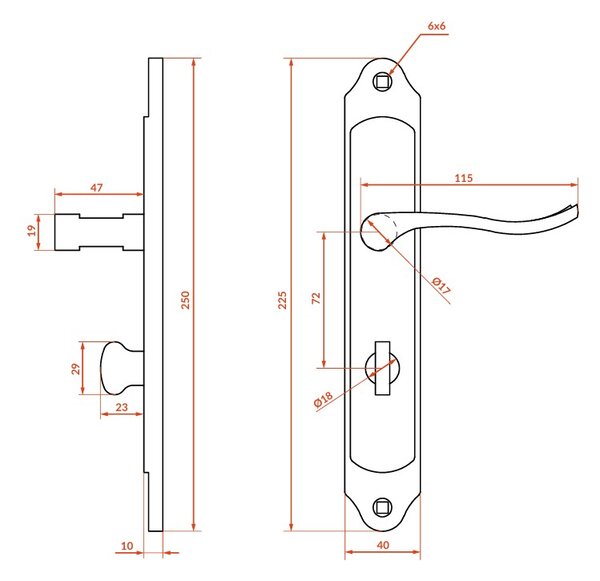 Mâner de ușă Kuchinox Rodos pe feronerie lungă pentru încuietoare de toaletă, patină, LAV-KGO_413A