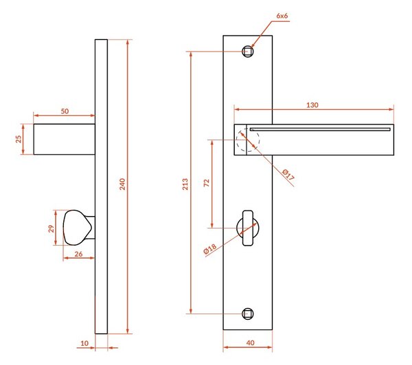 Mâner Kuchinox Parva pe feronerie lungă pentru uși de interior cu încuietoare pentru WC, satinat, LAV-KRV_113A