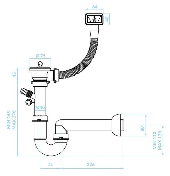 Kuchinox Sifon Kuchinox, 2" cu preaplin pentru chiuvetă cu 1 compartiment, oțel, LAV-OKS_B13T