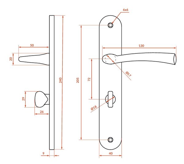 Mâner de ușă Kuchinox Malta pe feronerie lungă cu încuietoare pentru toaletă, distanță 72 mm, satinat, LAV-KLM_3M3A