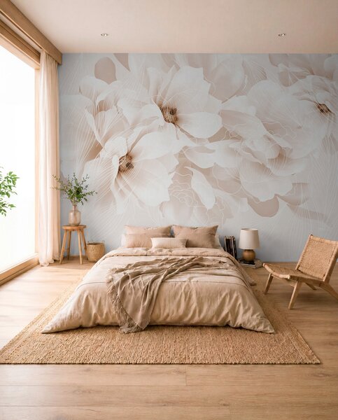 Tapet Flori pastelate de bujor cu petale delicate albe și bej și linii albe pe un fundal bej deschis, Fototapet Flori, w08826v1 : Uwalls.ro