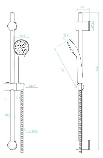 Kuchinox MEVA, set de duș cu coloană și duș manual, 622 mm, cromat, LAV-NKM_01A1