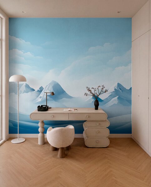 Tapet Minimalistic nori albaștri și munți, vreme înghețată, Fototapet Natură, w08811 : Uwalls.ro