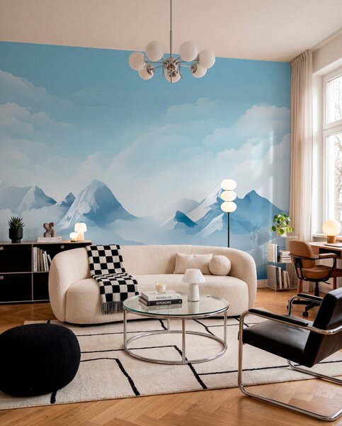Tapet Minimalistic nori albaștri și munți, vreme înghețată, Fototapet Natură, w08811 : Uwalls.ro