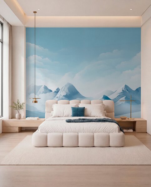 Tapet Minimalistic nori albaștri și munți, vreme înghețată, Fototapet Natură, w08811 : Uwalls.ro