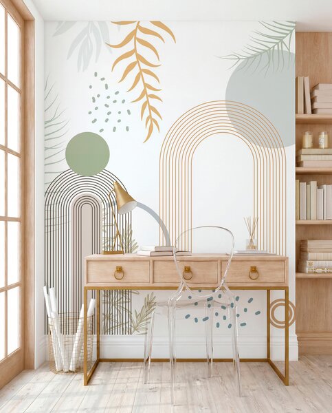 Tapet Imprimare abstractă cu forme geometrice, arcuri și frunze tropicale pe un, Fototapet Natură, Fototapet Foi de palmier, w08835 : Uwalls.ro