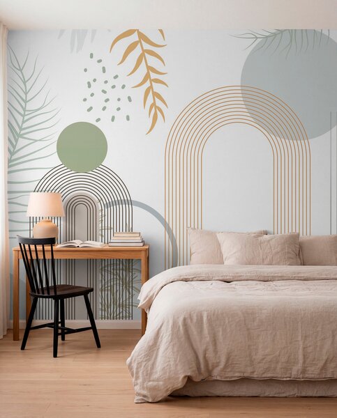 Tapet Imprimare abstractă cu forme geometrice, arcuri și frunze tropicale pe un, Fototapet Natură, Fototapet Foi de palmier, w08835 : Uwalls.ro