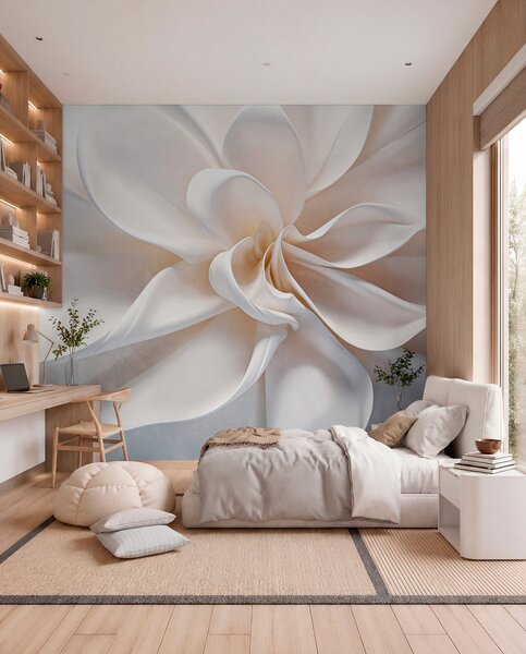 Tapet O floare alb pastel texturat minimalist cu petale moi, lumina si aerisit, pe un fundal alb, Fototapet Flori, w08868 : Uwalls.ro