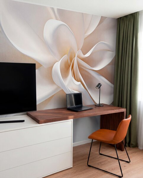 Tapet O floare alb pastel texturat minimalist cu petale moi, lumina si aerisit, pe un fundal alb, Fototapet Flori, w08868 : Uwalls.ro