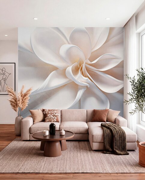 Tapet O floare alb pastel texturat minimalist cu petale moi, lumina si aerisit, pe un fundal alb, Fototapet Flori, w08868 : Uwalls.ro