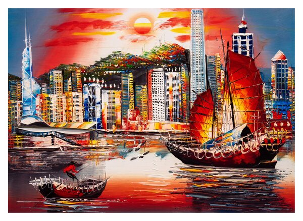 Tablou pe sticlă - Victoria Harbour, Hong Kong, pictură în ulei (70x50 cm)