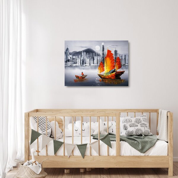Tablou pe sticlă - Victoria Harbour, Hong Kong, pictură în ulei alb- negru (70x50 cm)