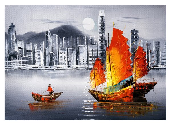 Tablou pe sticlă - Victoria Harbour, Hong Kong, pictură în ulei alb- negru (70x50 cm)