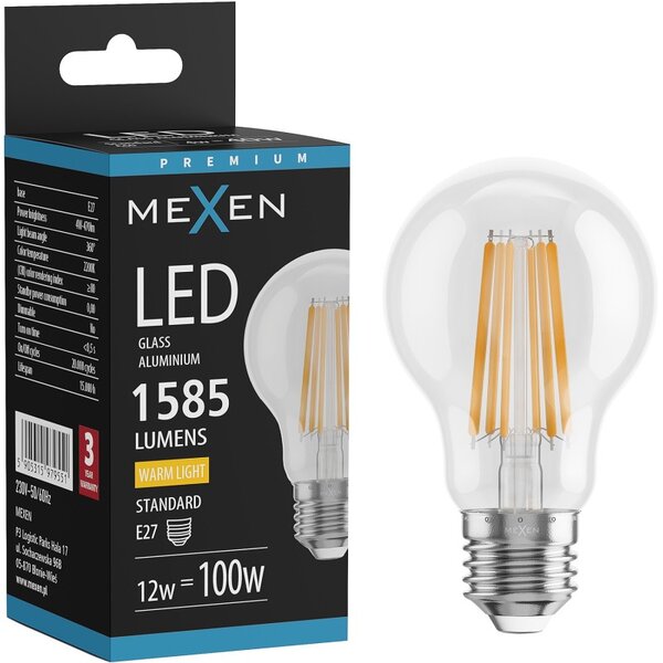 Mexen Vintis, Bec LED cu filament E27, A60, 12 W, alb cald 2700K, transparent, L150-E27-1227-00