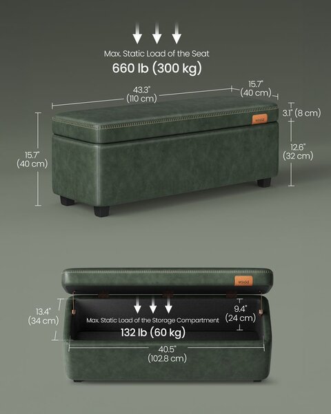 Bancuta hol cufar cu depozitare, Vasagle, Verde inchis, 110x40x40 cm