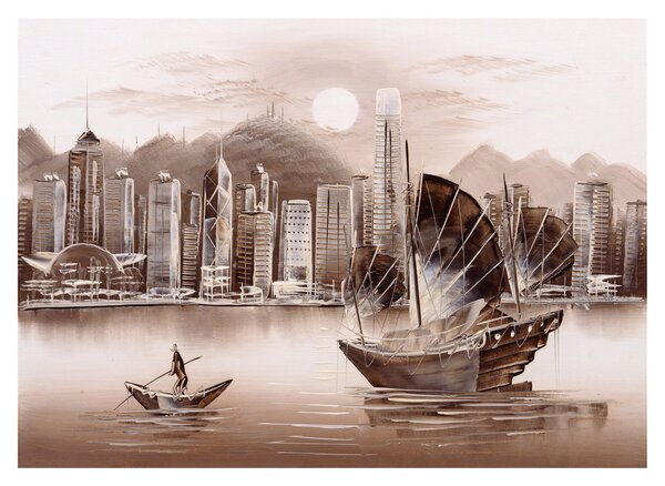 Tablou pe sticlă - Victoria Harbour, Hong Kong, efect sepia (70x50 cm)
