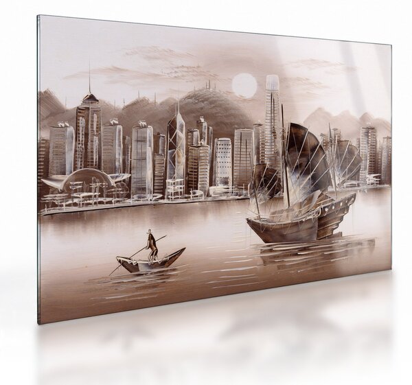 Tablou pe sticlă - Victoria Harbour, Hong Kong, efect sepia (70x50 cm)