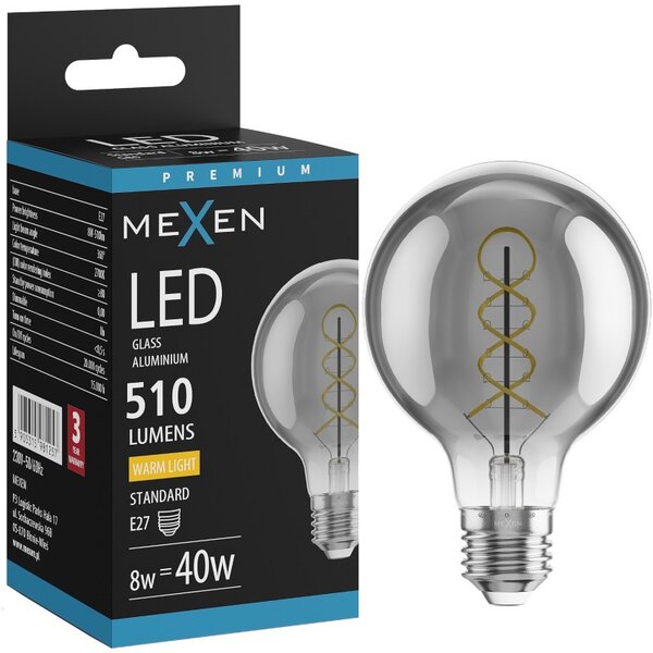 Mexen Vintis, Bec LED cu filament E27, G80, 8 W, alb cald 2700K, fumuriu, L165-E27-0827-70