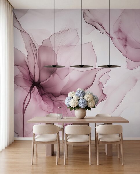 Tapet Flori în stil fluid, abstracție florală, acuarelă, paletă de culori roz , Fototapet Acuarelă, w03406v1 : Uwalls.ro
