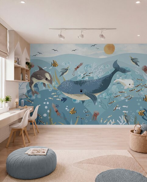 Tapet Copii ilustrare imprimare drăguț cu balena albastră înconjurat de pești, calmarii, meduze într-un ocean, Fototapet Marea, w08921 : Uwalls.ro