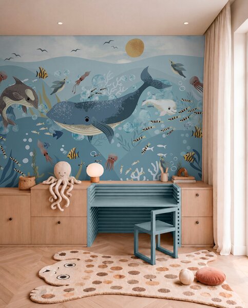Tapet Copii ilustrare imprimare drăguț cu balena albastră înconjurat de pești, calmarii, meduze într-un ocean, Fototapet Marea, w08921 : Uwalls.ro