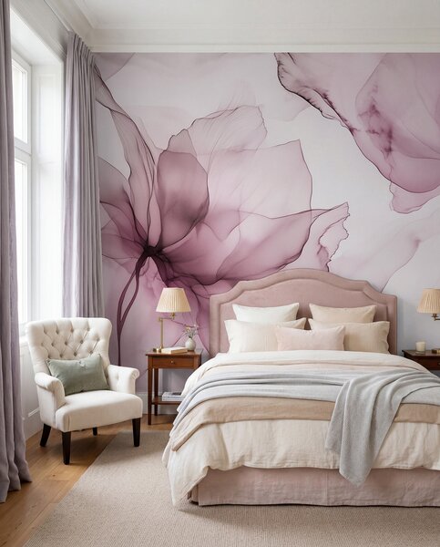 Tapet Flori în stil fluid, abstracție florală, acuarelă, paletă de culori roz , Fototapet Acuarelă, w03406v1 : Uwalls.ro