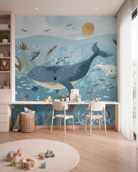 Tapet Copii ilustrare imprimare drăguț cu balena albastră înconjurat de pești, calmarii, meduze într-un ocean, Fototapet Marea, w08921 : Uwalls.ro