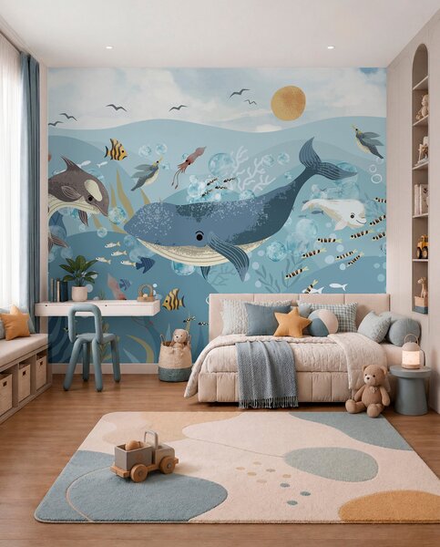 Tapet Copii ilustrare imprimare drăguț cu balena albastră înconjurat de pești, calmarii, meduze într-un ocean, Fototapet Marea, w08921 : Uwalls.ro
