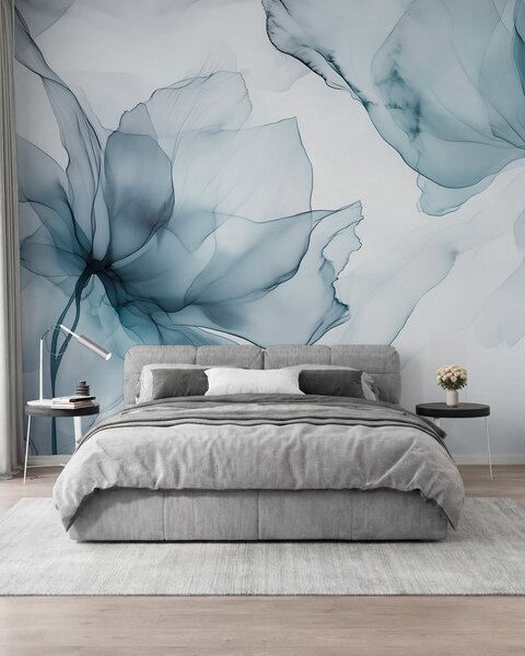 Tapet Flori în stil fluid, abstracție florală, acuarelă, paleta de culori albastru , Fototapet Acuarelă, w03406v2 : Uwalls.ro