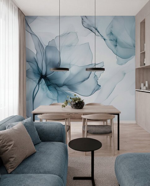 Tapet Flori în stil fluid, abstracție florală, acuarelă, paleta de culori albastru , Fototapet Acuarelă, w03406v2 : Uwalls.ro