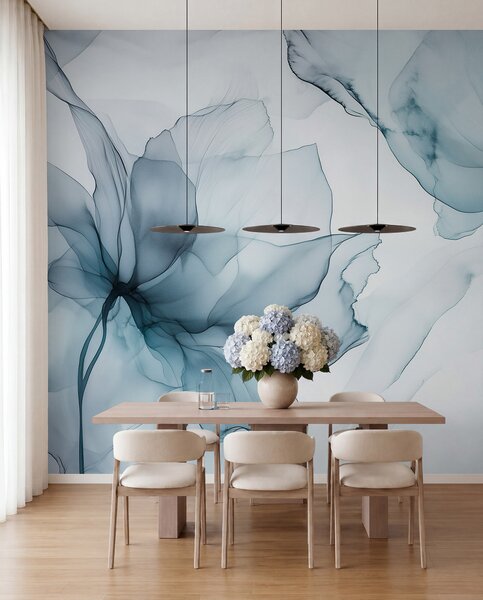 Tapet Flori în stil fluid, abstracție florală, acuarelă, paleta de culori albastru , Fototapet Acuarelă, w03406v2 : Uwalls.ro