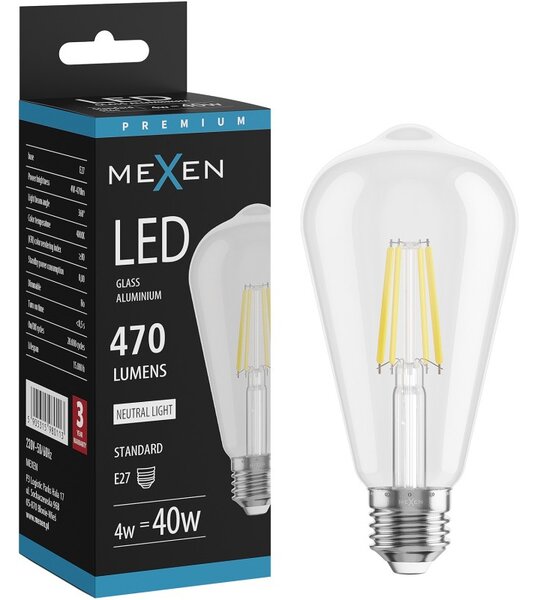 Mexen Vintis, Bec LED cu filament E27, ST64, 4 W, alb neutru 4000K, transparent, L152-E27-0440-00
