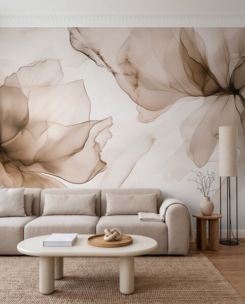Tapet Flori în stil fluid, abstracție florală, acuarelă, paletă de culori bej , Fototapet Acuarelă, w03406v3 : Uwalls.ro