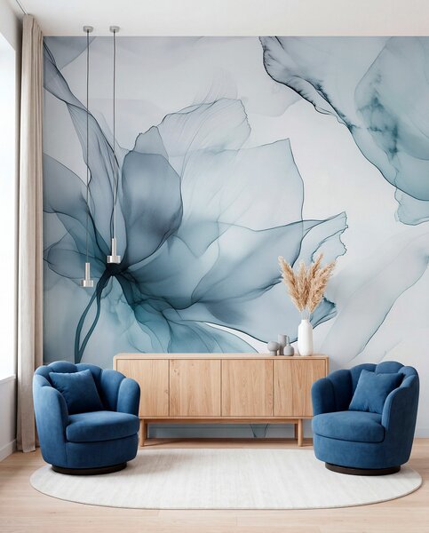 Tapet Flori în stil fluid, abstracție florală, acuarelă, paleta de culori albastru , Fototapet Acuarelă, w03406v2 : Uwalls.ro