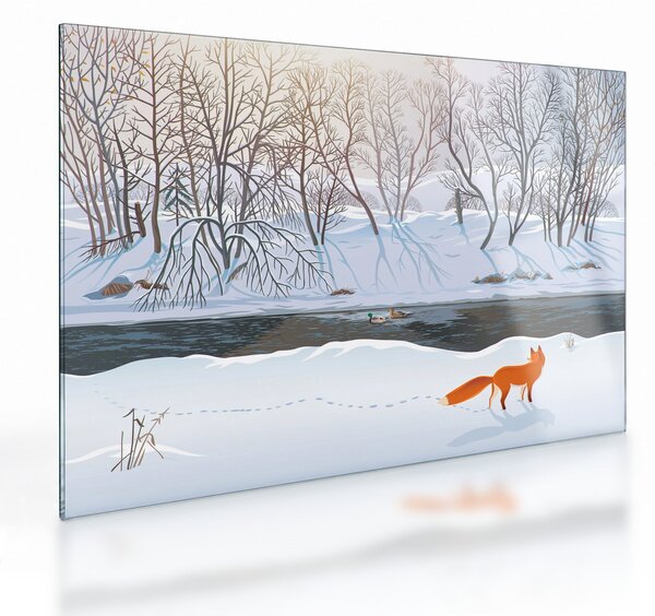 Tablou pe sticlă - Vulpe în peisaj de iarnă (70x50 cm)