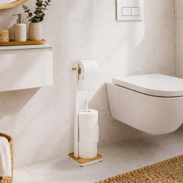 Erga Gasa, suport hârtie igienică cu dozator pentru perete 62cm, alb-maro natural, ERG-YKA-P.GASA-WHT