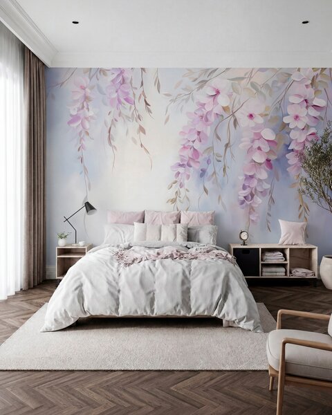 Tapet Wisteria flori cu petale liliac și frunze verzi agățat de ramuri, culori pastelate moi, fundal colorat, Fototapet Flori, w09010 : Uwalls.ro