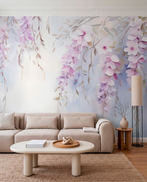 Tapet Wisteria flori cu petale liliac și frunze verzi agățat de ramuri, culori pastelate moi, fundal colorat, Fototapet Flori, w09010 : Uwalls.ro