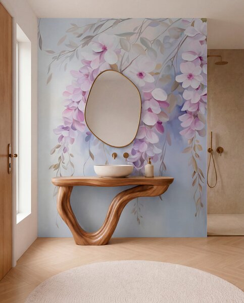 Tapet Wisteria flori cu petale liliac și frunze verzi agățat de ramuri, culori pastelate moi, fundal colorat, Fototapet Flori, w09010 : Uwalls.ro