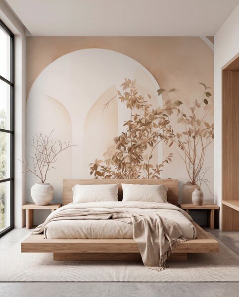Tapet Plante în ghivece cu tonuri bej în fața arcurilor abstracte, stil minimalist, elegant și curat, fundal neutru, Fototapet 3D, w09013 : Uwalls.ro