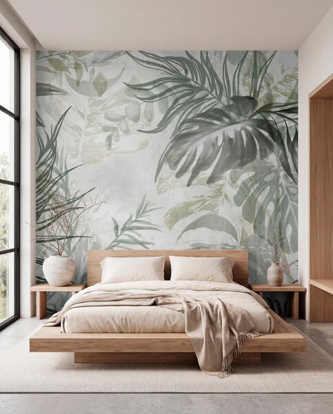 Tapet Monstera și frunze de palmier în nuanțe de verde și gri, botanică, frunze tropicale, plante junglă,, Fototapet Natură, w09011 : Uwalls.ro