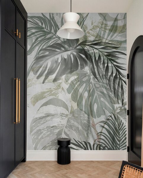 Tapet Monstera și frunze de palmier în nuanțe de verde și gri, botanică, frunze tropicale, plante junglă,, Fototapet Natură, w09011 : Uwalls.ro