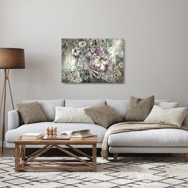 Tablou pe sticlă - Flori pe roata de lemn (70x50 cm)